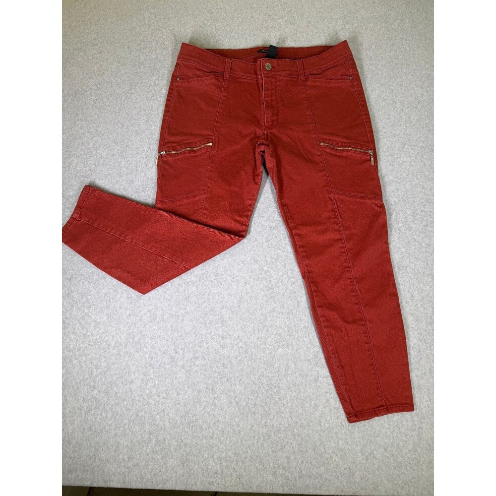 White House Black Market Skinny Crop Pants Womens 14 Red Zip Pocket Stretch